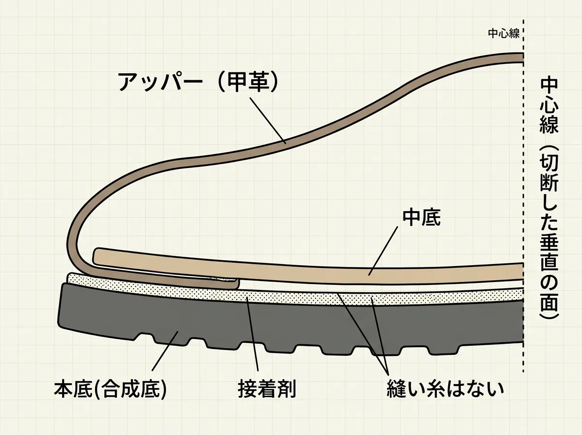 セメンテッド式の断面図 接着剤で本底を貼り縫い糸がない構造