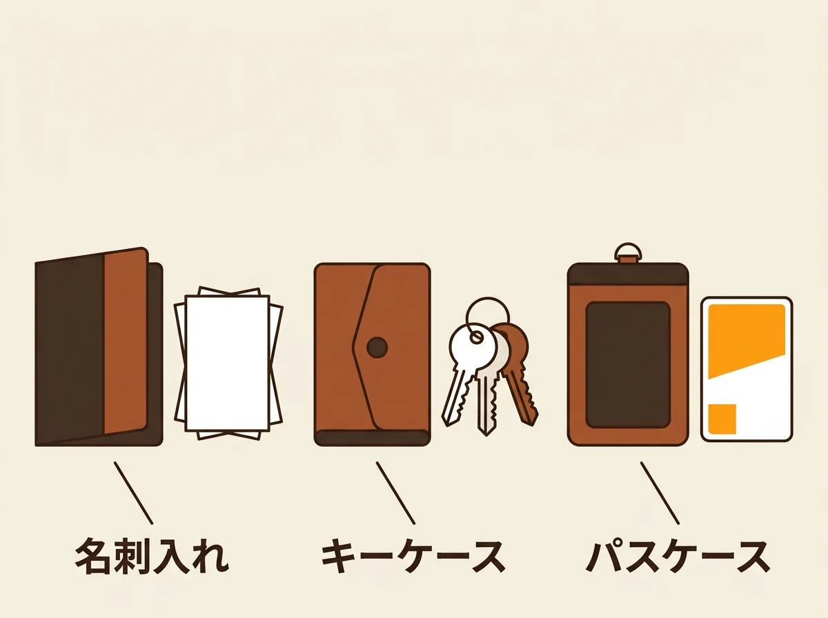 仕事で使う革小物の図解。名刺入れ・キーケース・パスケースと使う場面