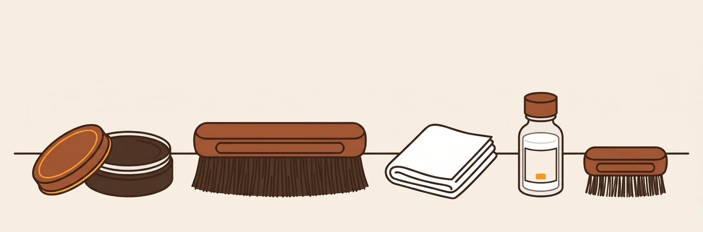 靴クリームとブラシと布が並んだ手入れ道具のイラスト