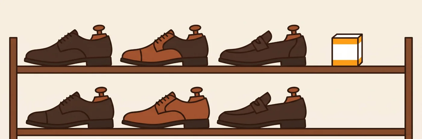 シューキーパーを入れた革靴が並ぶ靴箱の棚のイラスト