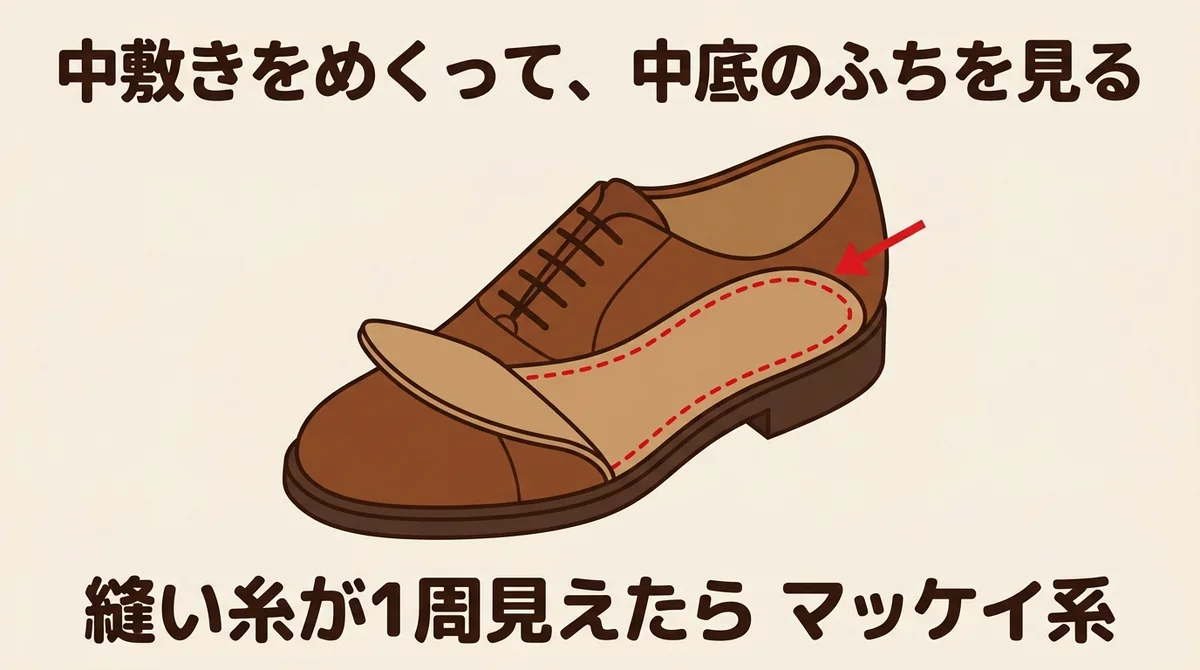 中敷きをめくって中底のふちの縫い糸を確認する方法 マッケイ系の見分け方