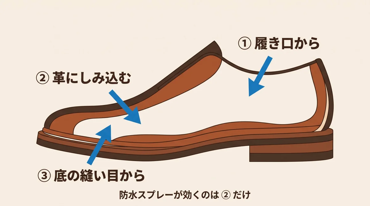 革靴に水が入る3つの経路 履き口・革にしみ込む・底の縫い目